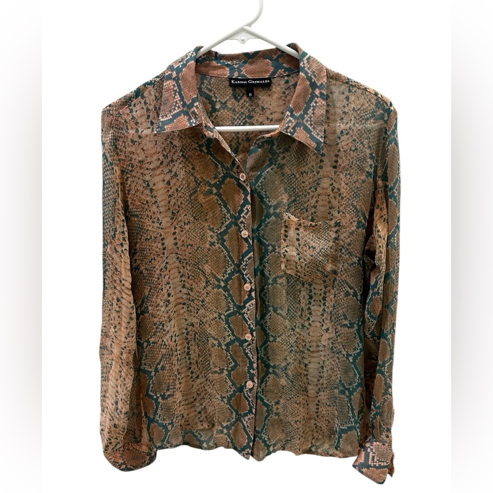 Karina Grimaldi snake skin print long sleeve button down sheer blouse